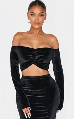 Sale PrettyLittleThing Shape Velour Bardot Ruched Sleeve Crop Top Black