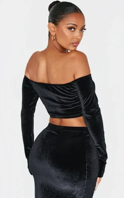 Sale PrettyLittleThing Shape Velour Bardot Ruched Sleeve Crop Top Black