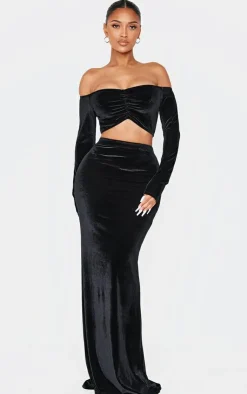 Sale PrettyLittleThing Shape Velour Bardot Ruched Sleeve Crop Top Black