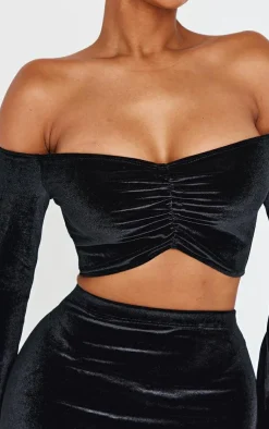 Sale PrettyLittleThing Shape Velour Bardot Ruched Sleeve Crop Top Black
