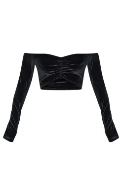 Sale PrettyLittleThing Shape Velour Bardot Ruched Sleeve Crop Top Black