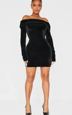 Shape Velour Bardot Fold Over Long Sleeve Mini Dress-PrettyLittleThing Sale