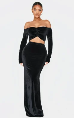 Clearance PrettyLittleThing Shape Velvet Maxi Skirt Black