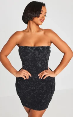 Shape Black Washed Rib Bandeau Bodycon Dress-PrettyLittleThing New