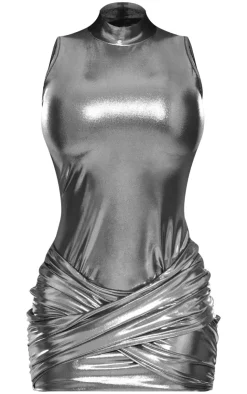 Shape Wet Look Metallic High Neck Wrap Front Dress-PrettyLittleThing Hot