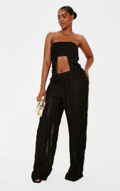 Discount PrettyLittleThing Shape Woven Frill Detail Wide Leg Pants Black