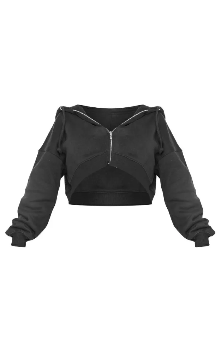 Clearance PrettyLittleThing Shape Zip Front Long Sleeve Cropped Hoodie Black