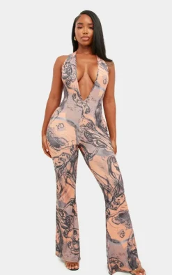 Shape Abstract Printed Slinky Plunge Halterneck Jumpsuit-PrettyLittleThing Online