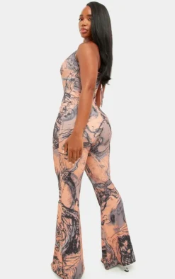 Shape Abstract Printed Slinky Plunge Halterneck Jumpsuit-PrettyLittleThing Online