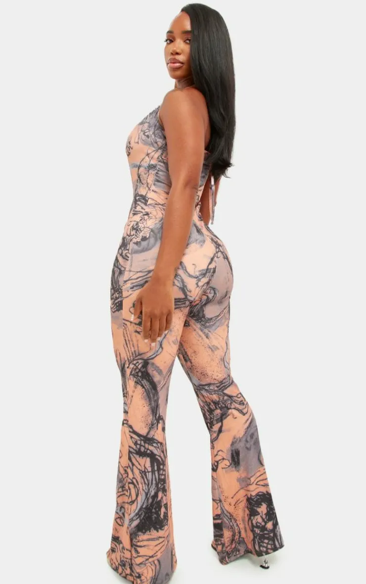 Shape Abstract Printed Slinky Plunge Halterneck Jumpsuit-PrettyLittleThing Online