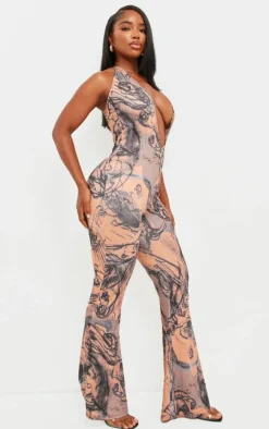 Shape Abstract Printed Slinky Plunge Halterneck Jumpsuit-PrettyLittleThing Online