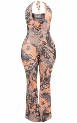 Shape Abstract Printed Slinky Plunge Halterneck Jumpsuit-PrettyLittleThing Online