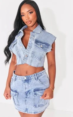 Discount PrettyLittleThing Shape Blue Acid Wash Denim Low Rise Micro Mini Skirt Acid Blue Wash