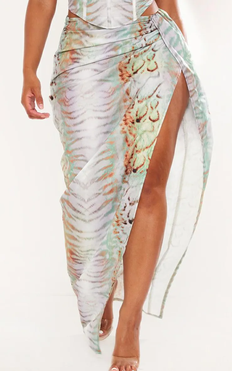 Sale PrettyLittleThing Shape Animal Printed Woven Wrap Maxi Skirt Blue