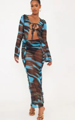 Best PrettyLittleThing Shape Animal Printed Mesh Ruffle Detail Maxi Skirt Blue