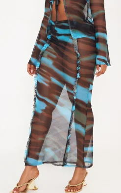 Best PrettyLittleThing Shape Animal Printed Mesh Ruffle Detail Maxi Skirt Blue