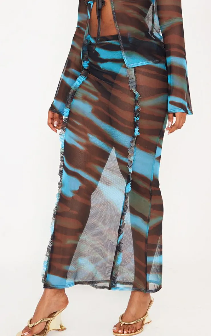 Best PrettyLittleThing Shape Animal Printed Mesh Ruffle Detail Maxi Skirt Blue
