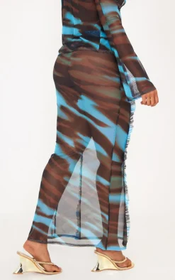 Best PrettyLittleThing Shape Animal Printed Mesh Ruffle Detail Maxi Skirt Blue