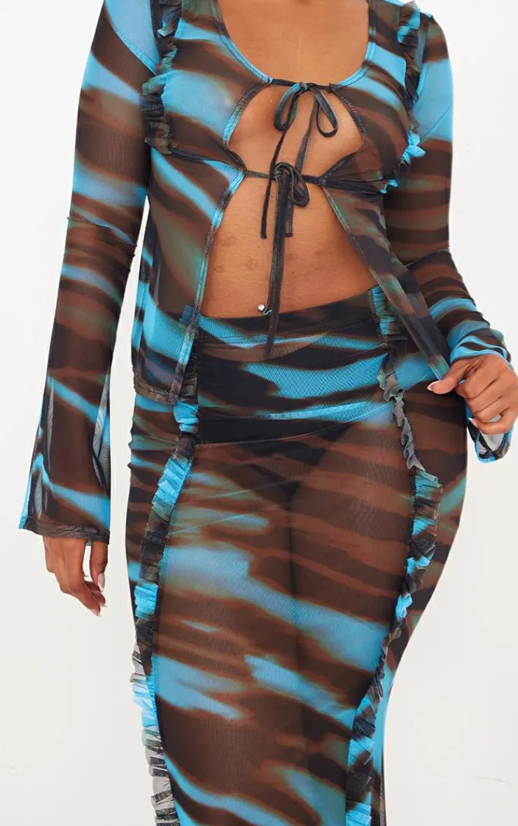 Best PrettyLittleThing Shape Animal Printed Mesh Ruffle Detail Maxi Skirt Blue