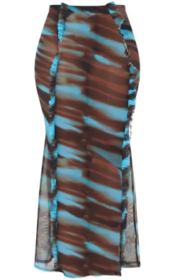 Best PrettyLittleThing Shape Animal Printed Mesh Ruffle Detail Maxi Skirt Blue