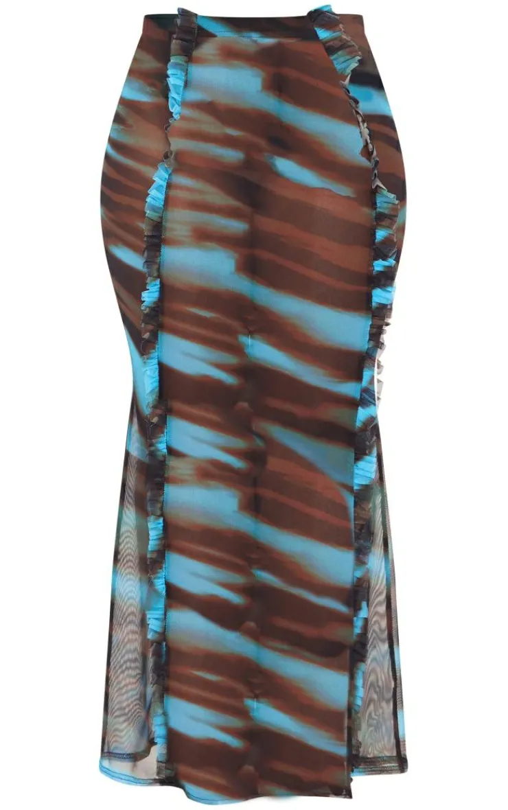 Best PrettyLittleThing Shape Animal Printed Mesh Ruffle Detail Maxi Skirt Blue