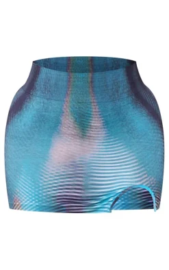 New PrettyLittleThing Shape Body Print Split Side Mini Skirt Blue