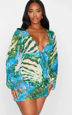 Clearance PrettyLittleThing Shape Chiffon Zebra Printed Long Sleeve Plunge Top Blue