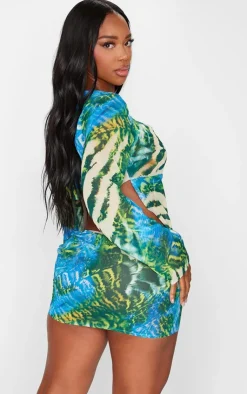 Clearance PrettyLittleThing Shape Chiffon Zebra Printed Long Sleeve Plunge Top Blue
