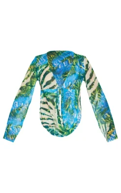 Clearance PrettyLittleThing Shape Chiffon Zebra Printed Long Sleeve Plunge Top Blue
