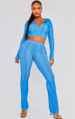 Online PrettyLittleThing Shape Contrast Knit Skinny Flare Pants Blue