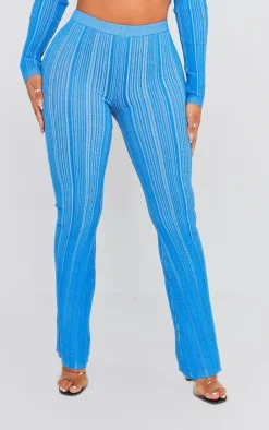 Online PrettyLittleThing Shape Contrast Knit Skinny Flare Pants Blue