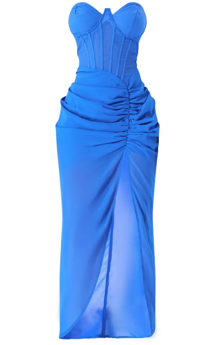 Shape Blue Corset Detail Sleeveless Ruched Side Midi Dress-PrettyLittleThing New