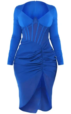 Shape Blue Corset Detail Long Sleeved Ruched Midi Dress-PrettyLittleThing Outlet