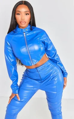 Discount PrettyLittleThing Shape Faux Leather Cropped Biker Jacket Blue