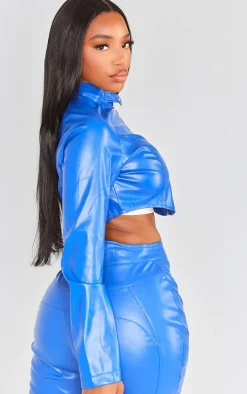 Discount PrettyLittleThing Shape Faux Leather Cropped Biker Jacket Blue