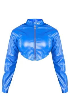 Discount PrettyLittleThing Shape Faux Leather Cropped Biker Jacket Blue