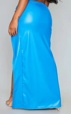 Hot PrettyLittleThing Shape Faux Leather Ruched High Leg Skirt Blue