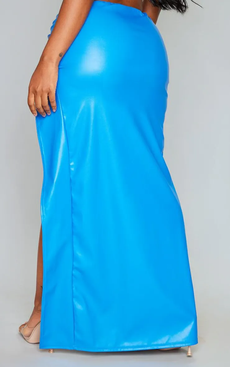 Hot PrettyLittleThing Shape Faux Leather Ruched High Leg Skirt Blue