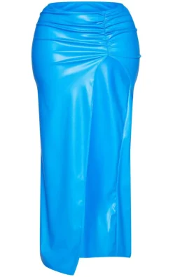 Hot PrettyLittleThing Shape Faux Leather Ruched High Leg Skirt Blue