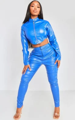 Outlet PrettyLittleThing Shape Faux Leather Zip Detail Panel Skinny Pants Blue
