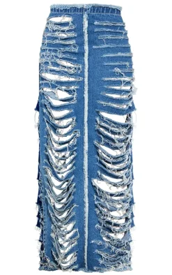 Shape Blue Frayed Denim Maxi Skirt