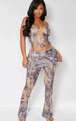 Sale PrettyLittleThing Shape Ink Mesh Foldover Waist Flare Pants Blue