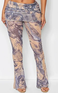 Sale PrettyLittleThing Shape Ink Mesh Foldover Waist Flare Pants Blue