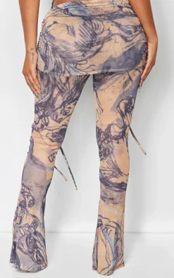 Sale PrettyLittleThing Shape Ink Mesh Foldover Waist Flare Pants Blue