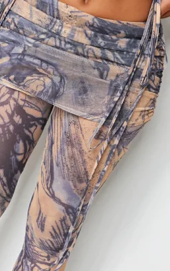 Sale PrettyLittleThing Shape Ink Mesh Foldover Waist Flare Pants Blue