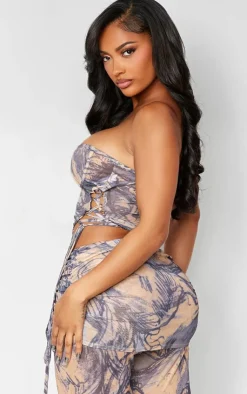 Sale PrettyLittleThing Shape Ink Mesh Lace Up Bandeau Boning Corset Blue