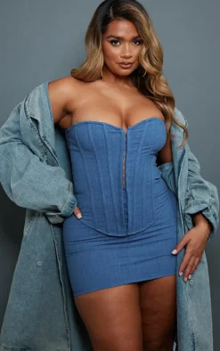 Online PrettyLittleThing Shape Lace Up Back Woven Corset Blue