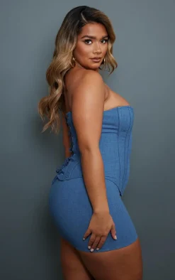 Online PrettyLittleThing Shape Lace Up Back Woven Corset Blue