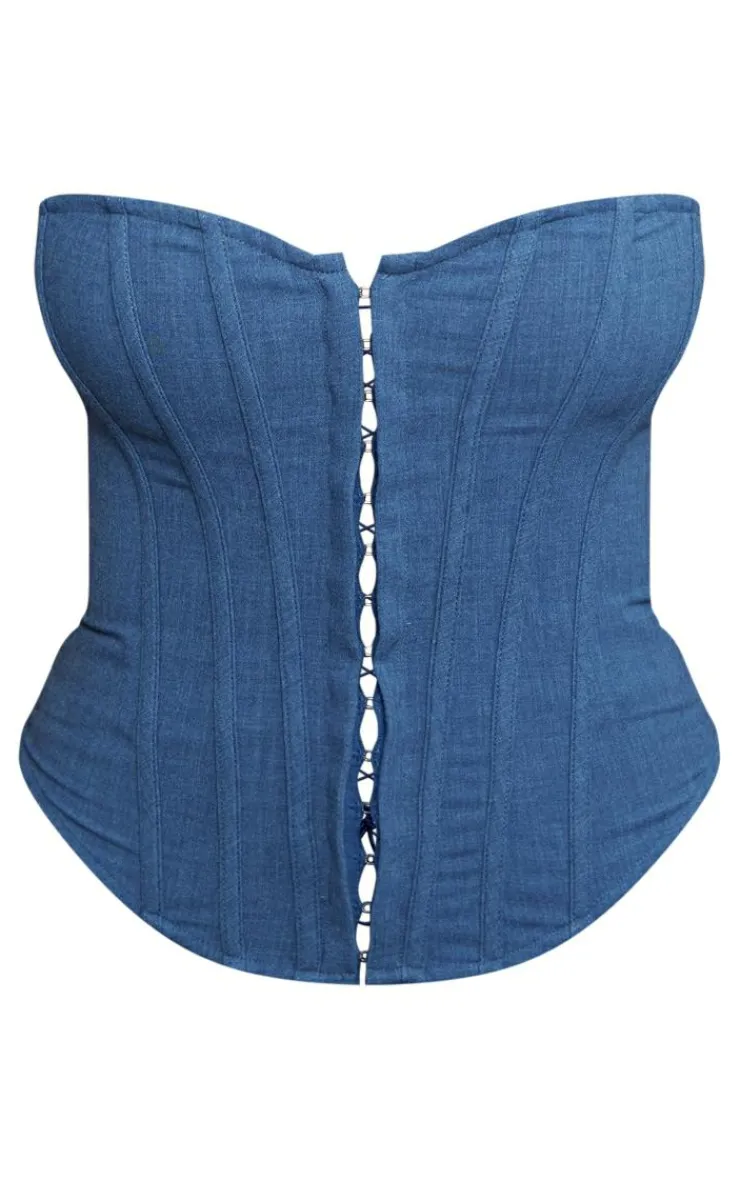 Online PrettyLittleThing Shape Lace Up Back Woven Corset Blue