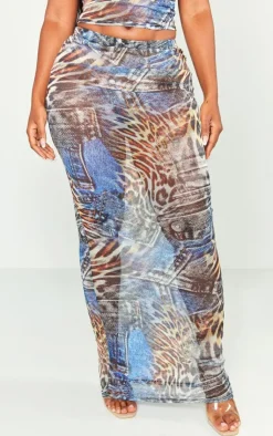 Clearance PrettyLittleThing Shape Mesh Denim Print Maxi Skirt Blue